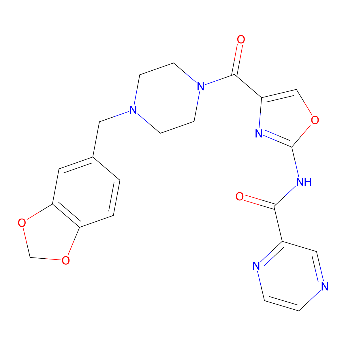 N-(4-(4-(benzo[d][1,3]dioxol-5-ylmethyl)piperazine-1-carbonyl)oxazol-2-yl)pyrazine-2-carboxamide molecular structure, CAS 1396815-77-2