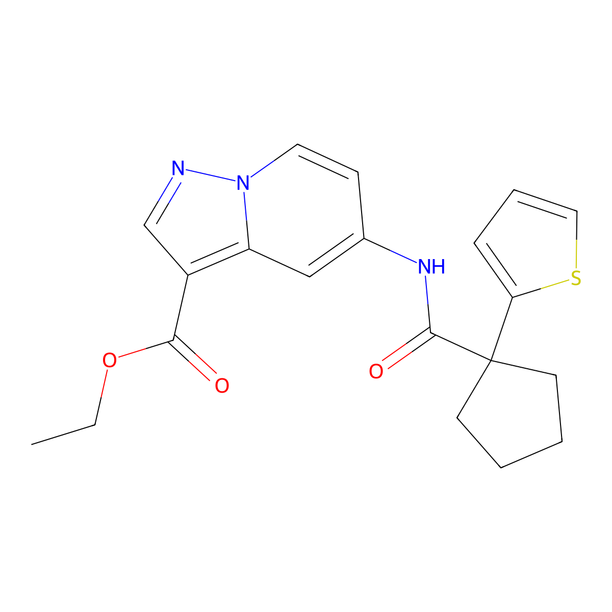 Ethyl 5-(1-(thiophen-2-yl)cyclopentanecarboxamido)pyrazolo[1,5-a]pyridine-3-carboxylate molecular structure, CAS 1396815-81-8