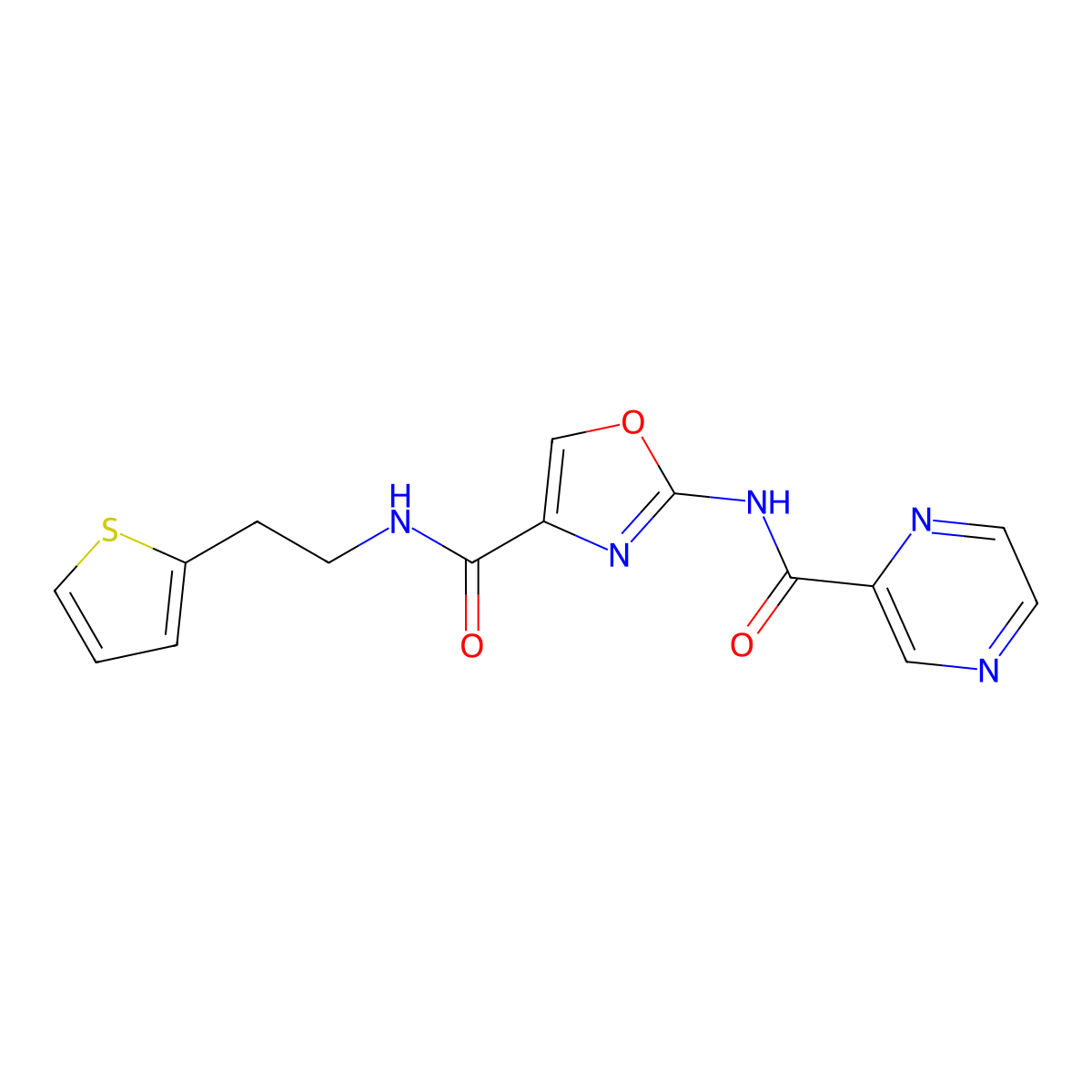 2-(pyrazine-2-carboxamido)-N-(2-(thiophen-2-yl)ethyl)oxazole-4-carboxamide molecular structure, CAS 1396815-91-0