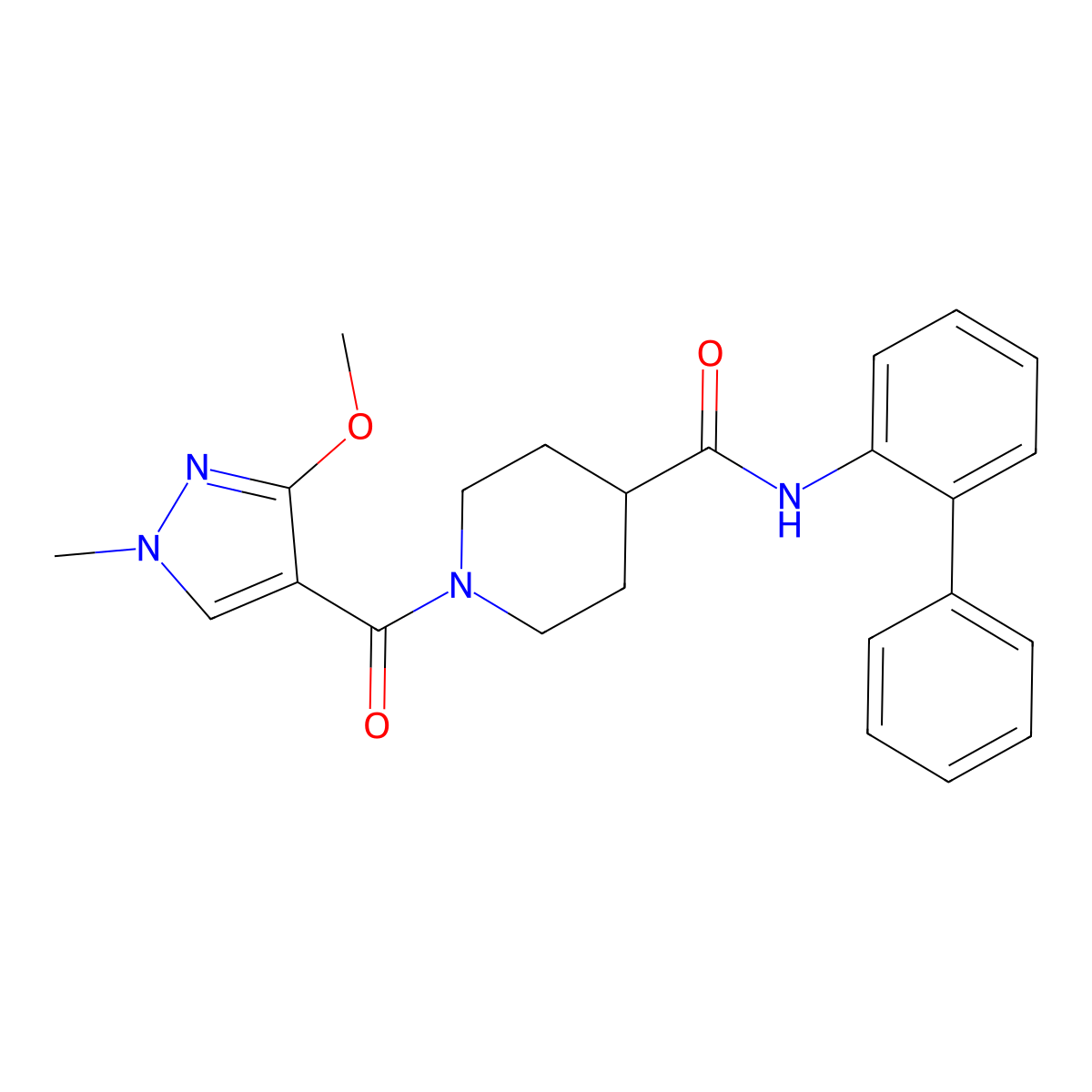 N-([1,1'-biphenyl]-2-yl)-1-(3-methoxy-1-methyl-1H-pyrazole-4-carbonyl)piperidine-4-carboxamide molecular structure, CAS 1396816-13-9