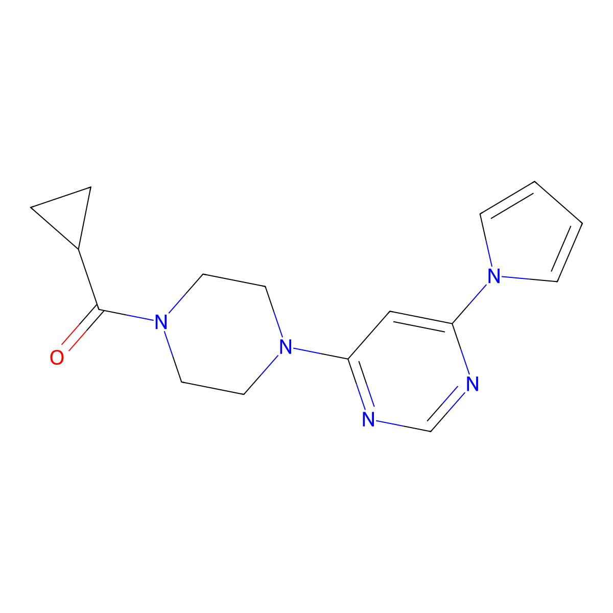 (4-(6-(1H-pyrrol-1-yl)pyrimidin-4-yl)piperazin-1-yl)(cyclopropyl)methanone molecular structure, CAS 1396843-18-7