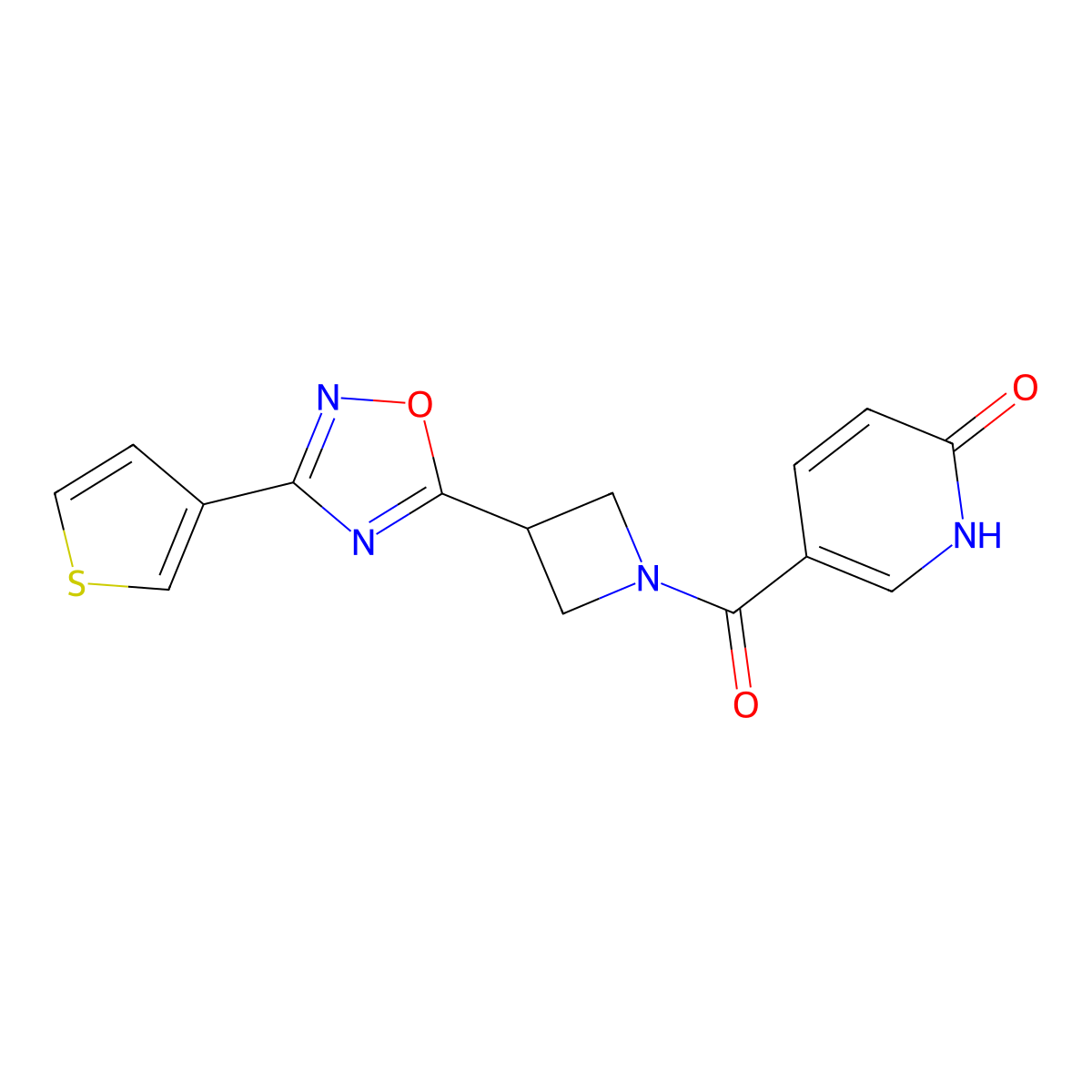 5-(3-(3-(thiophen-3-yl)-1,2,4-oxadiazol-5-yl)azetidine-1-carbonyl)pyridin-2(1H)-one molecular structure, CAS 1396843-51-8