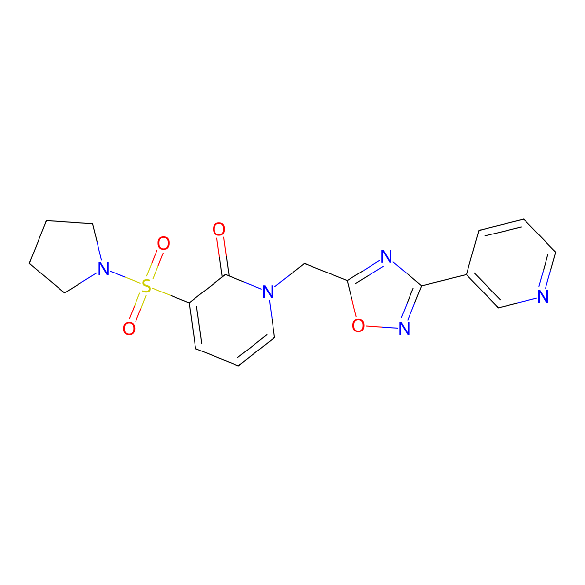 1-((3-(pyridin-3-yl)-1,2,4-oxadiazol-5-yl)methyl)-3-(pyrrolidin-1-ylsulfonyl)pyridin-2(1H)-one molecular structure, CAS 1396843-55-2