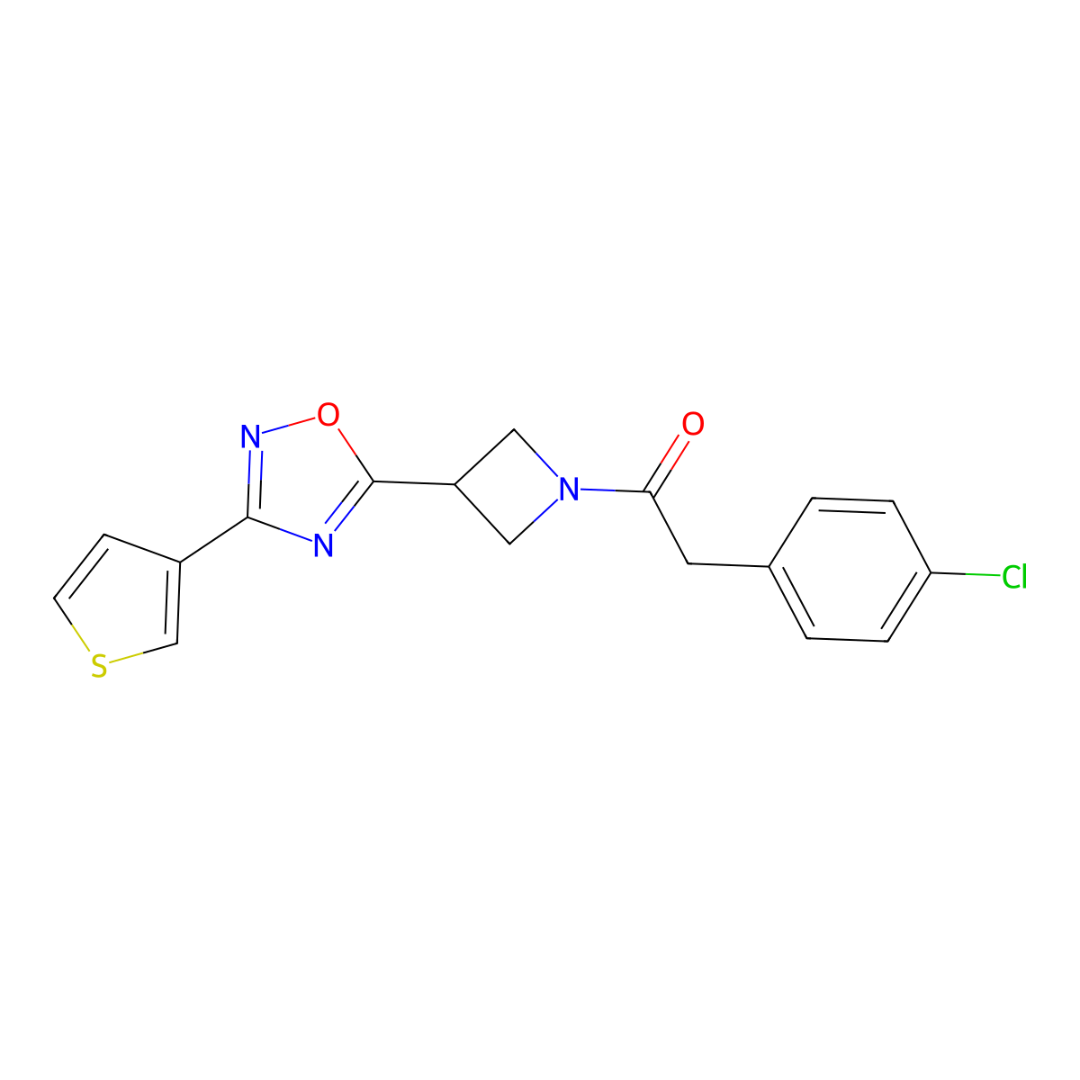 2-(4-Chlorophenyl)-1-(3-(3-(thiophen-3-yl)-1,2,4-oxadiazol-5-yl)azetidin-1-yl)ethanone molecular structure, CAS 1396843-61-0
