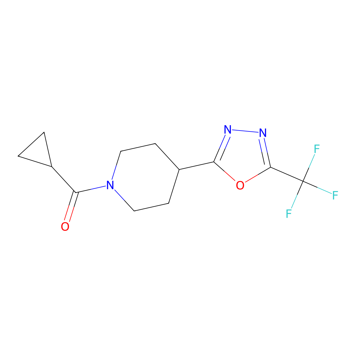 Cyclopropyl(4-(5-(trifluoromethyl)-1,3,4-oxadiazol-2-yl)piperidin-1-yl)methanone molecular structure, CAS 1396843-77-8
