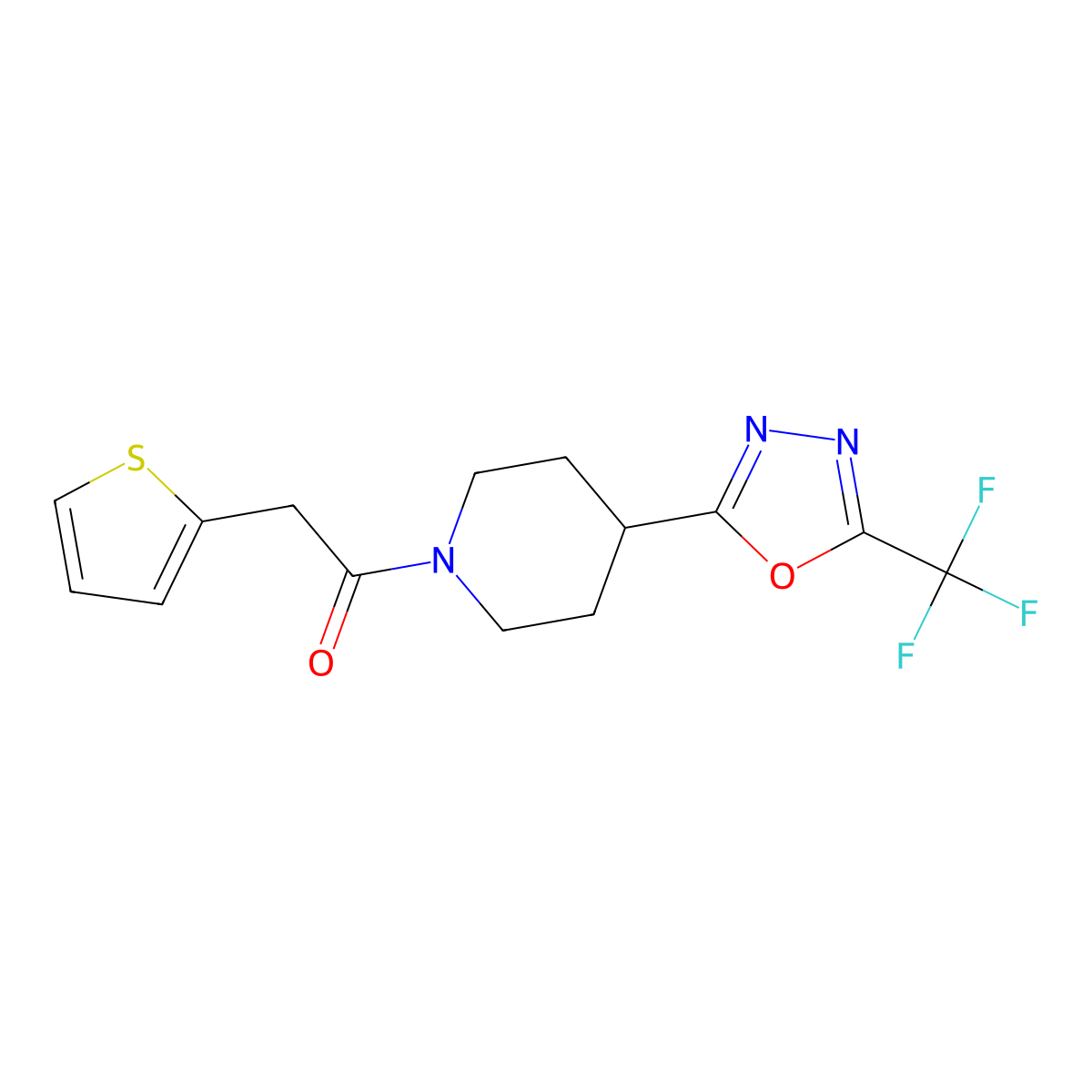 2-(Thiophen-2-yl)-1-(4-(5-(trifluoromethyl)-1,3,4-oxadiazol-2-yl)piperidin-1-yl)ethanone molecular structure, CAS 1396843-83-6