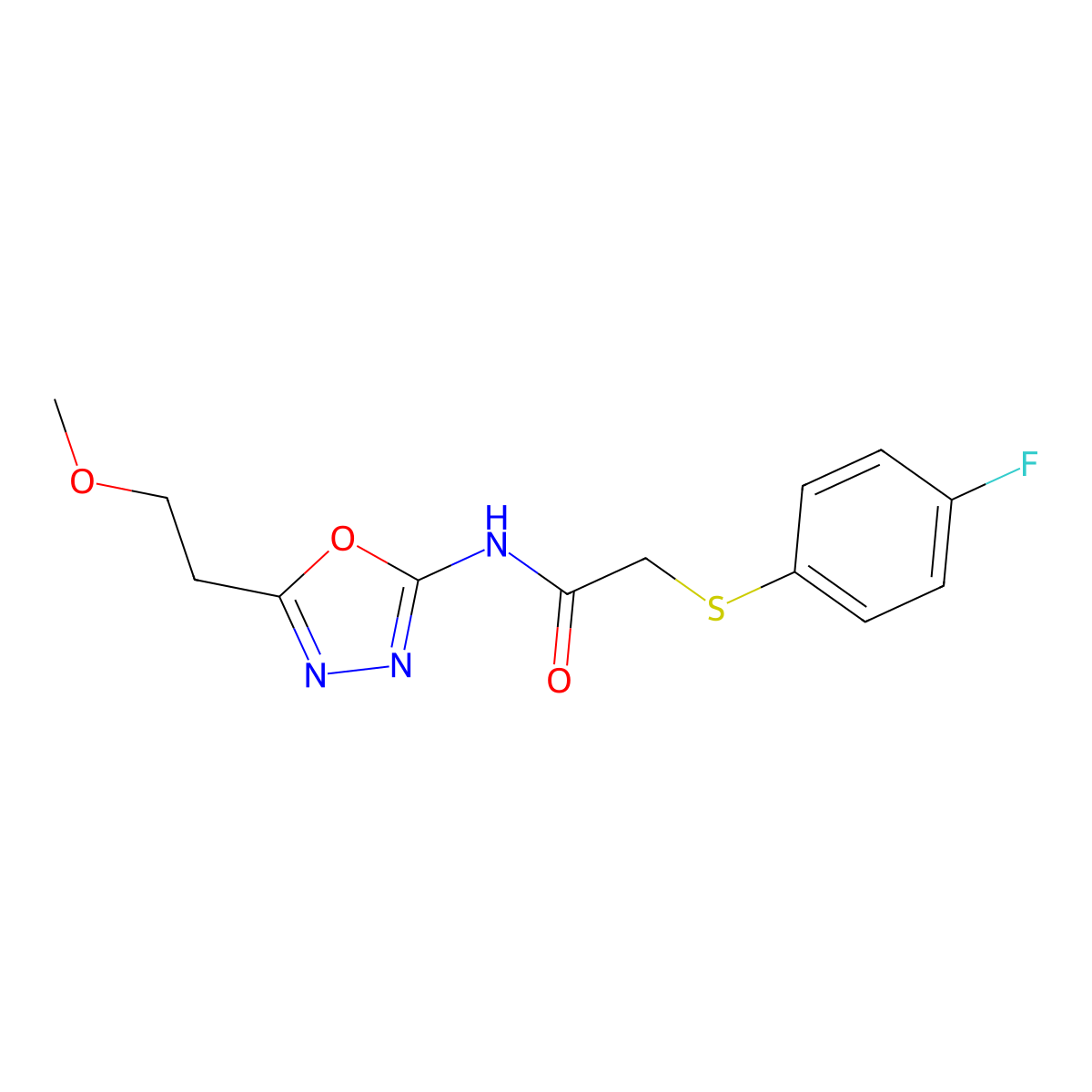 2-((4-fluorophenyl)thio)-N-(5-(2-methoxyethyl)-1,3,4-oxadiazol-2-yl)acetamide molecular structure, CAS 1396843-91-6