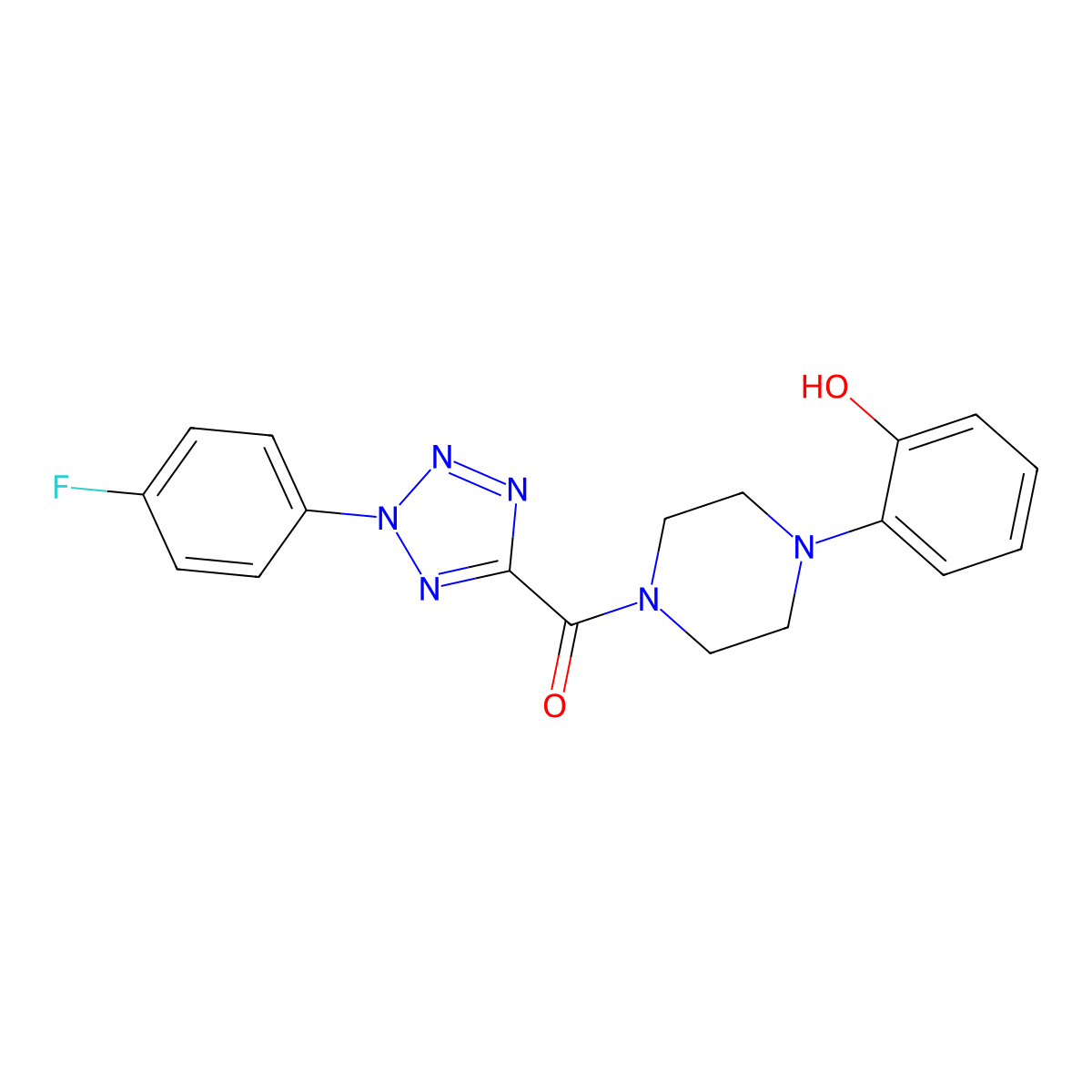 (2-(4-fluorophenyl)-2H-tetrazol-5-yl)(4-(2-hydroxyphenyl)piperazin-1-yl)methanone molecular structure, CAS 1396843-92-7