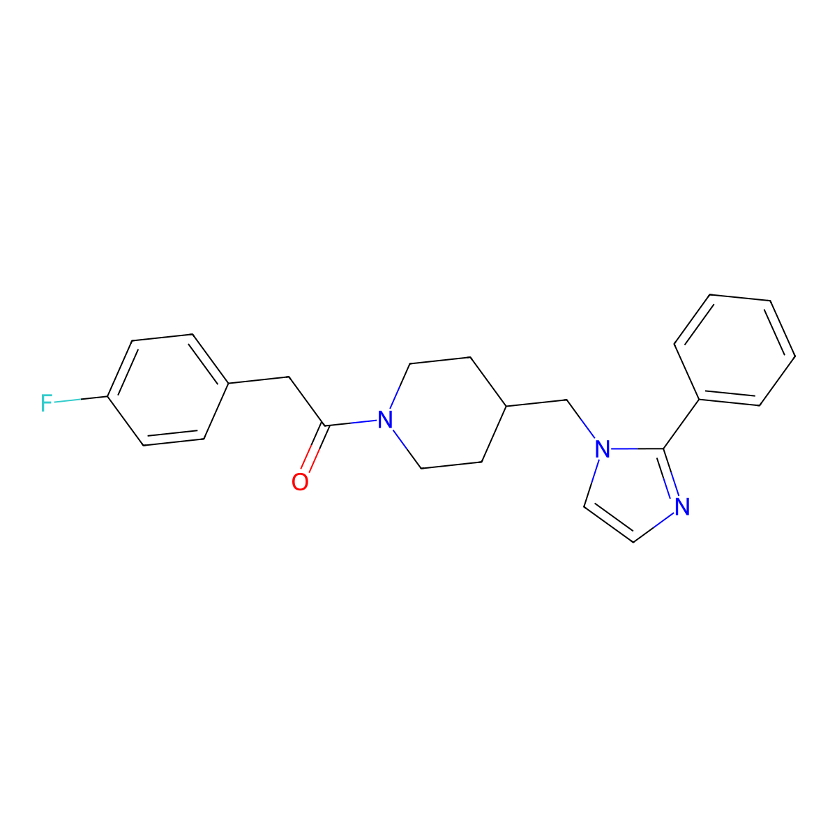 2-(4-fluorophenyl)-1-(4-((2-phenyl-1H-imidazol-1-yl)methyl)piperidin-1-yl)ethanone molecular structure, CAS 1396843-97-2