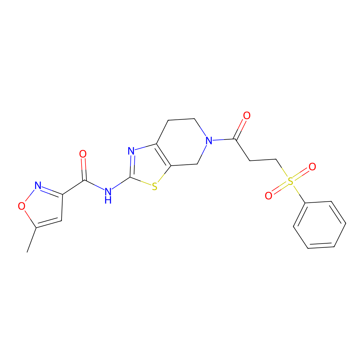 5-methyl-N-(5-(3-(phenylsulfonyl)propanoyl)-4,5,6,7-tetrahydrothiazolo[5,4-c]pyridin-2-yl)isoxazole-3-carboxamide molecular structure, CAS 1396844-06-6