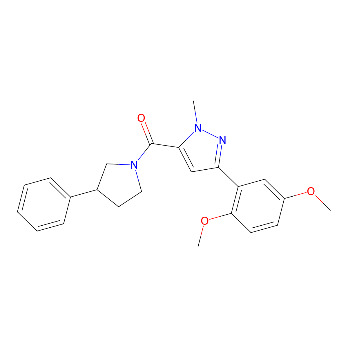(3-(2,5-dimethoxyphenyl)-1-methyl-1H-pyrazol-5-yl)(3-phenylpyrrolidin-1-yl)methanone molecular structure, CAS 1396844-21-5