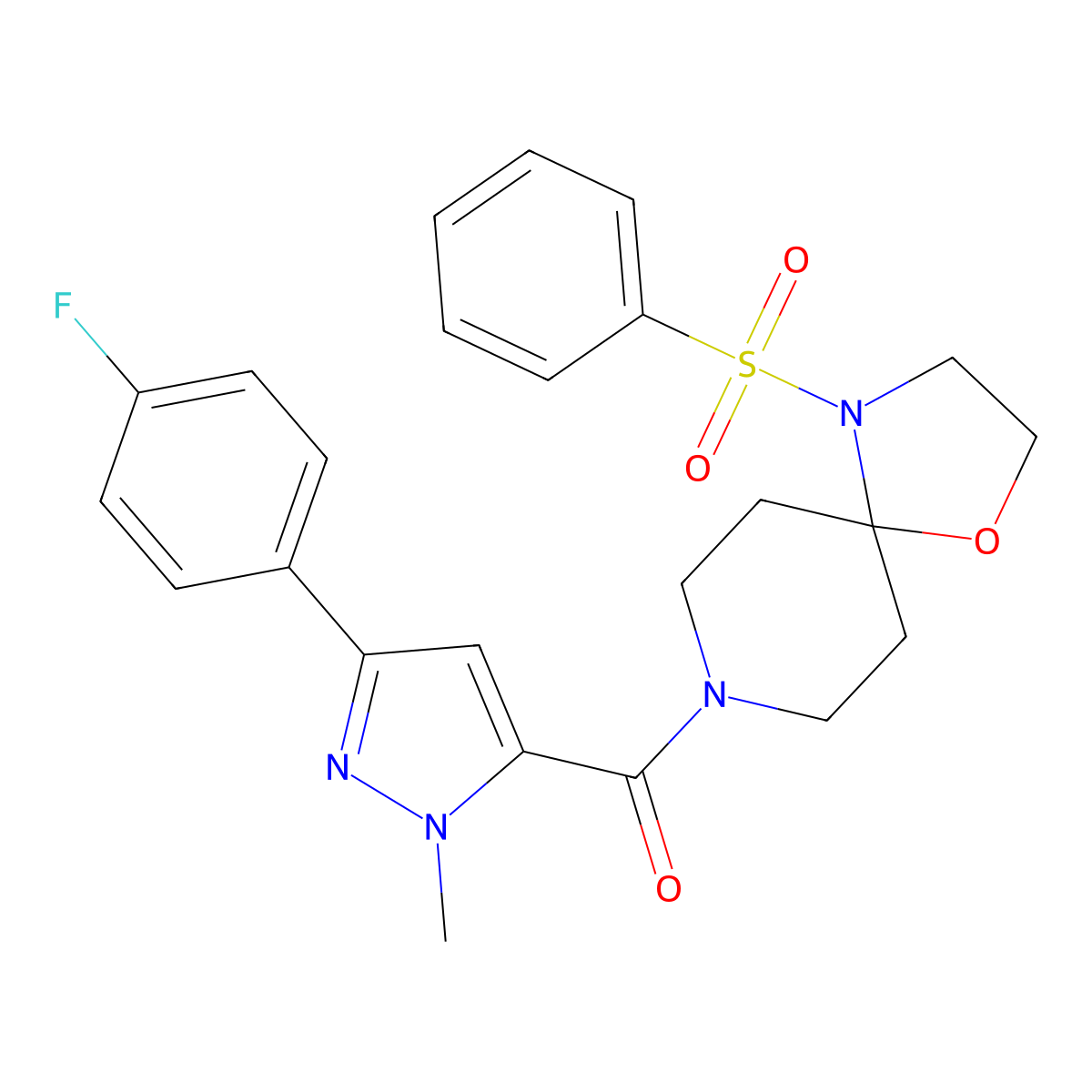(3-(4-fluorophenyl)-1-methyl-1H-pyrazol-5-yl)(4-(phenylsulfonyl)-1-oxa-4,8-diazaspiro[4.5]decan-8-yl)methanone molecular structure, CAS 1396844-29-3