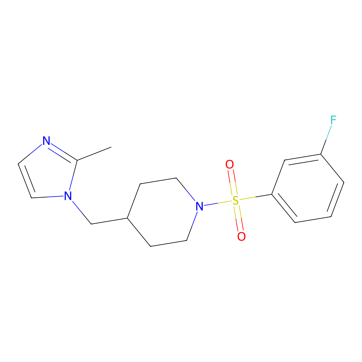 1-((3-fluorophenyl)sulfonyl)-4-((2-methyl-1H-imidazol-1-yl)methyl)piperidine molecular structure, CAS 1396844-36-2