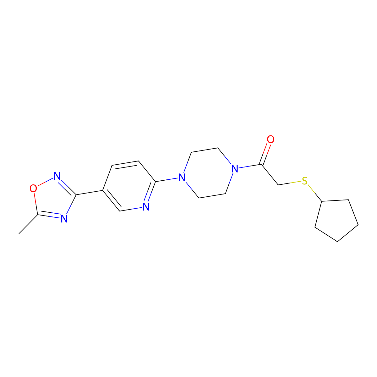 2-(Cyclopentylthio)-1-(4-(5-(5-methyl-1,2,4-oxadiazol-3-yl)pyridin-2-yl)piperazin-1-yl)ethanone molecular structure, CAS 1396844-39-5