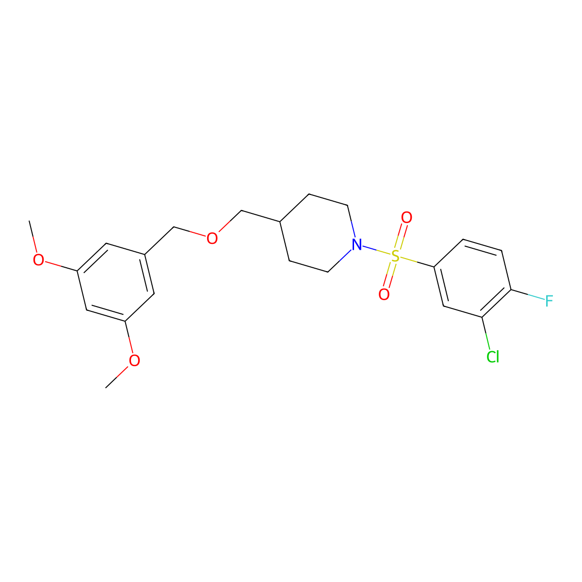 1-(3-Chloro-4-fluorobenzenesulfonyl)-4-{[(3,5-dimethoxyphenyl)methoxy]methyl}piperidine molecular structure, CAS 1396844-41-9