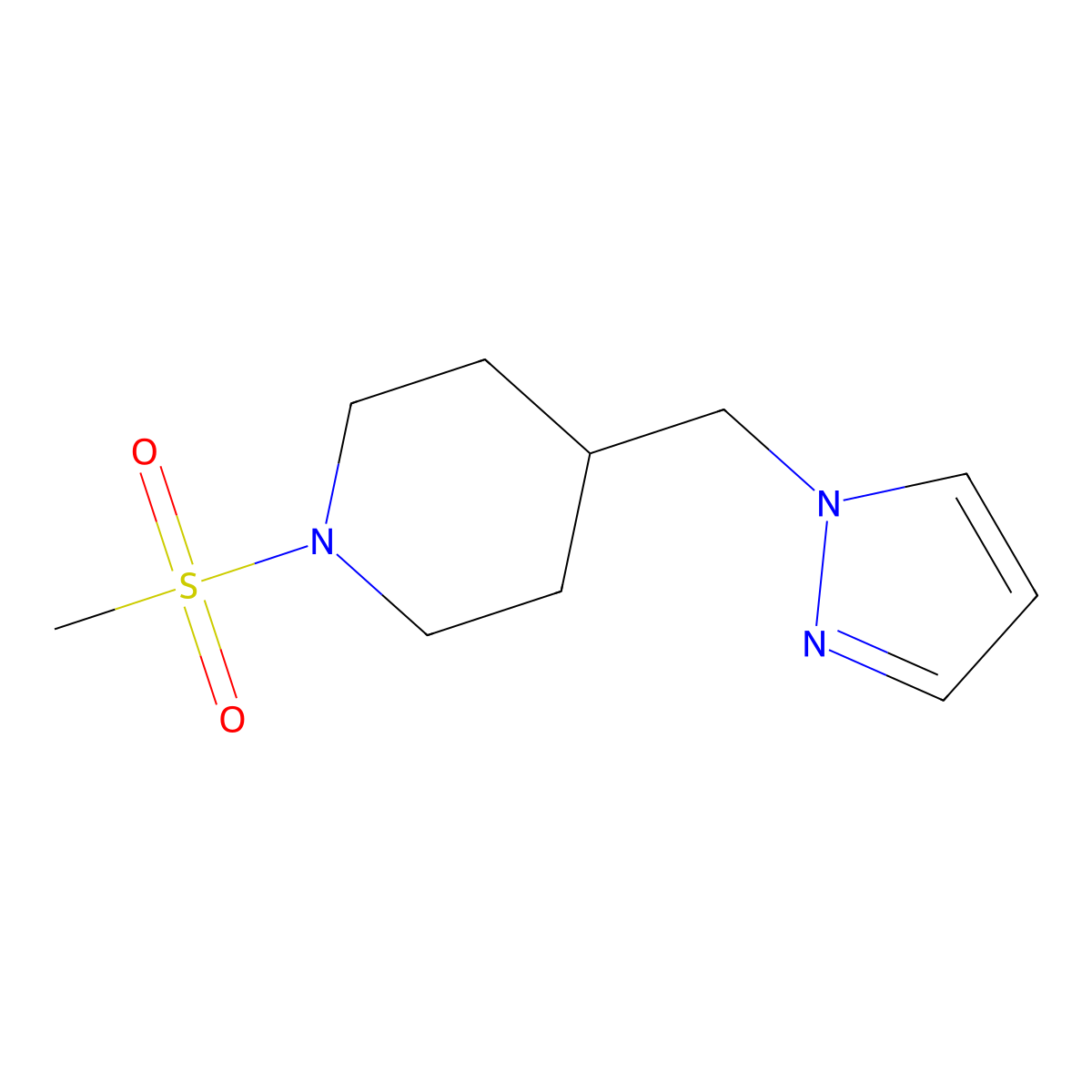 4-((1H-pyrazol-1-yl)methyl)-1-(methylsulfonyl)piperidine molecular structure, CAS 1396844-46-4