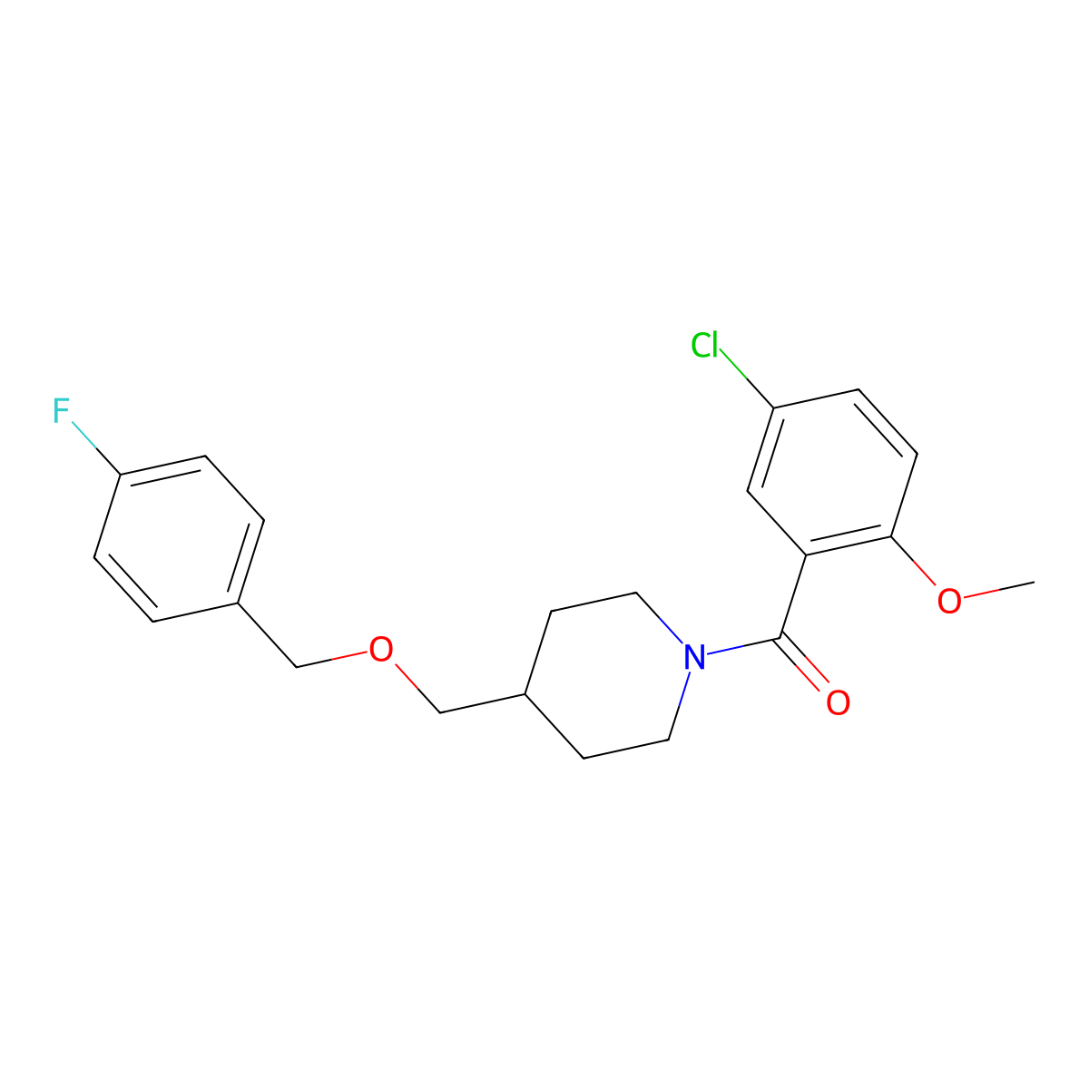 (5-Chloro-2-methoxyphenyl)(4-(((4-fluorobenzyl)oxy)methyl)piperidin-1-yl)methanone molecular structure, CAS 1396844-48-6