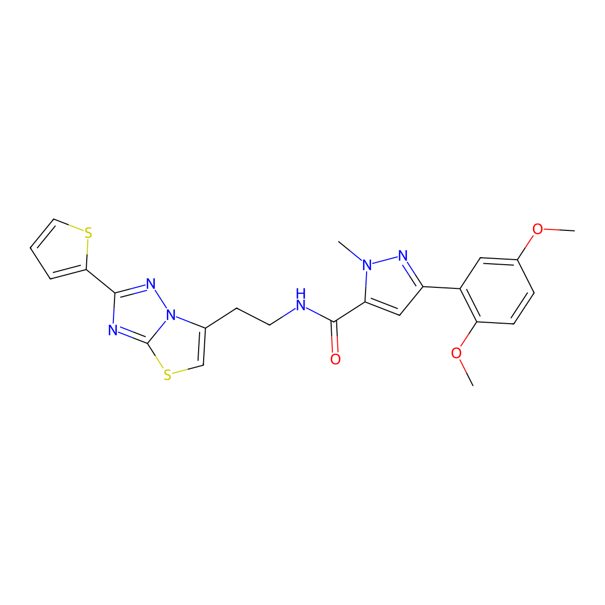 3-(2,5-dimethoxyphenyl)-1-methyl-N-(2-(2-(thiophen-2-yl)thiazolo[3,2-b][1,2,4]triazol-6-yl)ethyl)-1H-pyrazole-5-carboxamide molecular structure, CAS 1396844-50-0