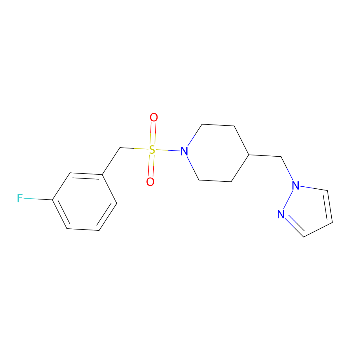 4-((1H-pyrazol-1-yl)methyl)-1-((3-fluorobenzyl)sulfonyl)piperidine molecular structure, CAS 1396844-54-4