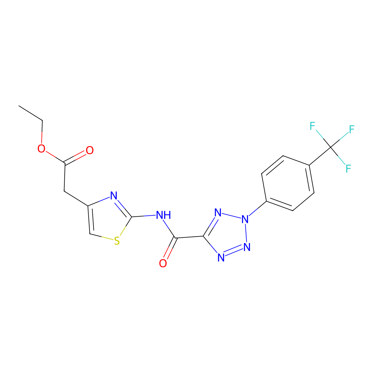 ethyl 2-(2-(2-(4-(trifluoromethyl)phenyl)-2H-tetrazole-5-carboxamido)thiazol-4-yl)acetate molecular structure, CAS 1396844-55-5