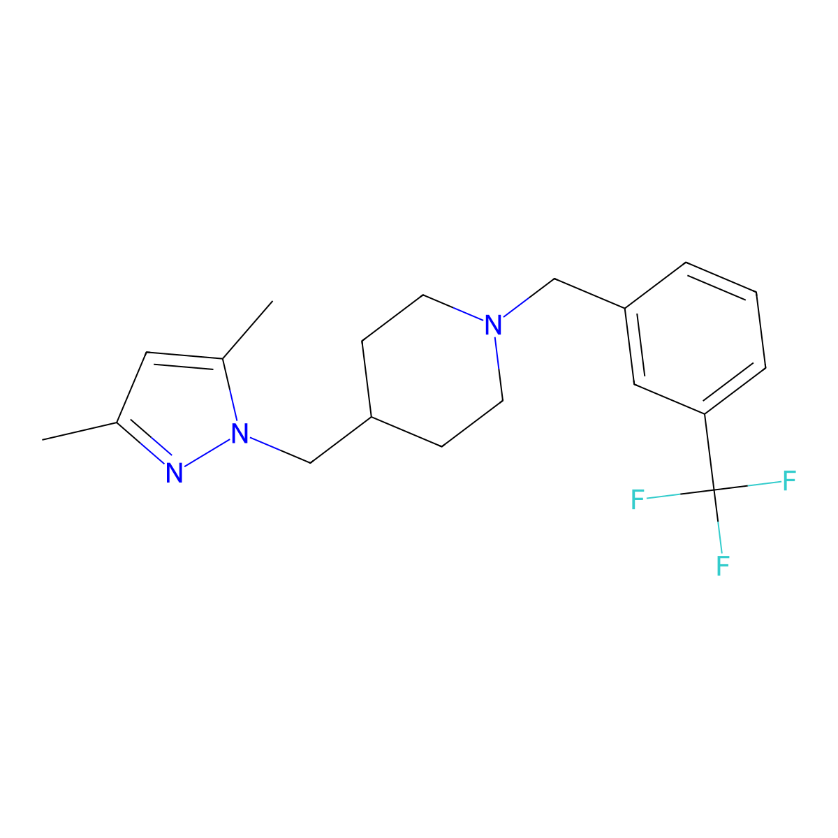 4-((3,5-dimethyl-1H-pyrazol-1-yl)methyl)-1-(3-(trifluoromethyl)benzyl)piperidine molecular structure, CAS 1396844-59-9
