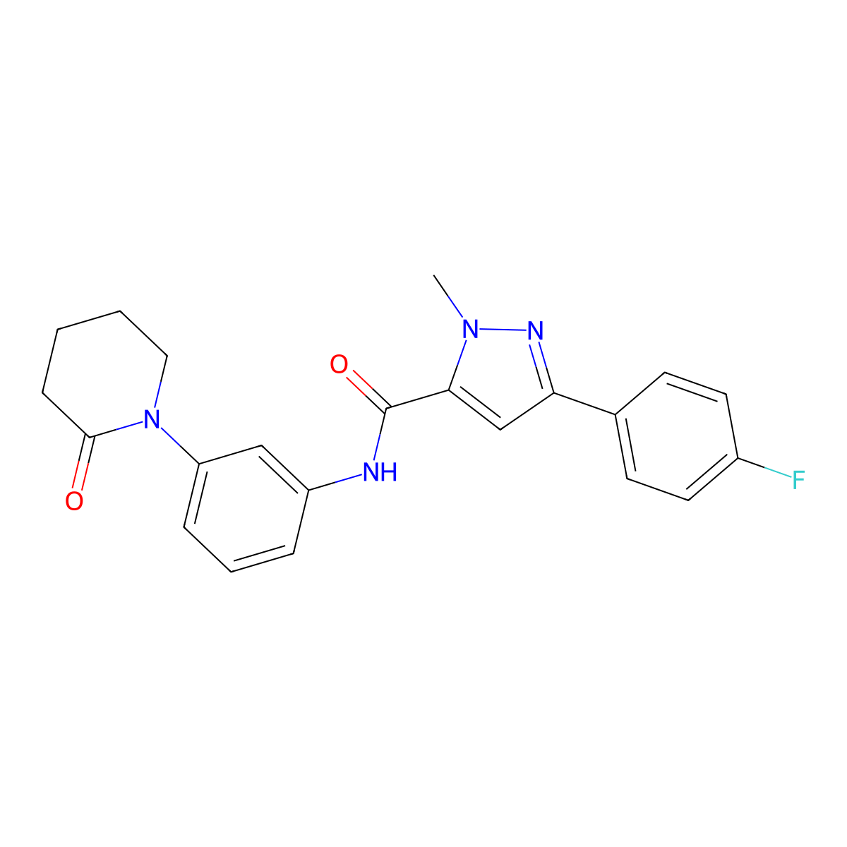 3-(4-fluorophenyl)-1-methyl-N-(3-(2-oxopiperidin-1-yl)phenyl)-1H-pyrazole-5-carboxamide molecular structure, CAS 1396844-60-2