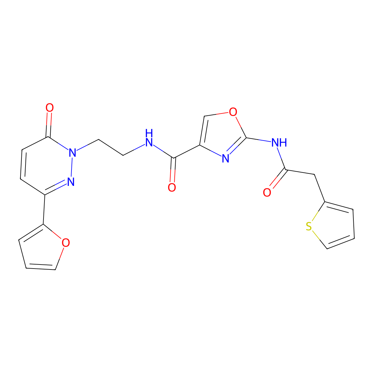 N-(2-(3-(furan-2-yl)-6-oxopyridazin-1(6H)-yl)ethyl)-2-(2-(thiophen-2-yl)acetamido)oxazole-4-carboxamide molecular structure, CAS 1396844-65-7