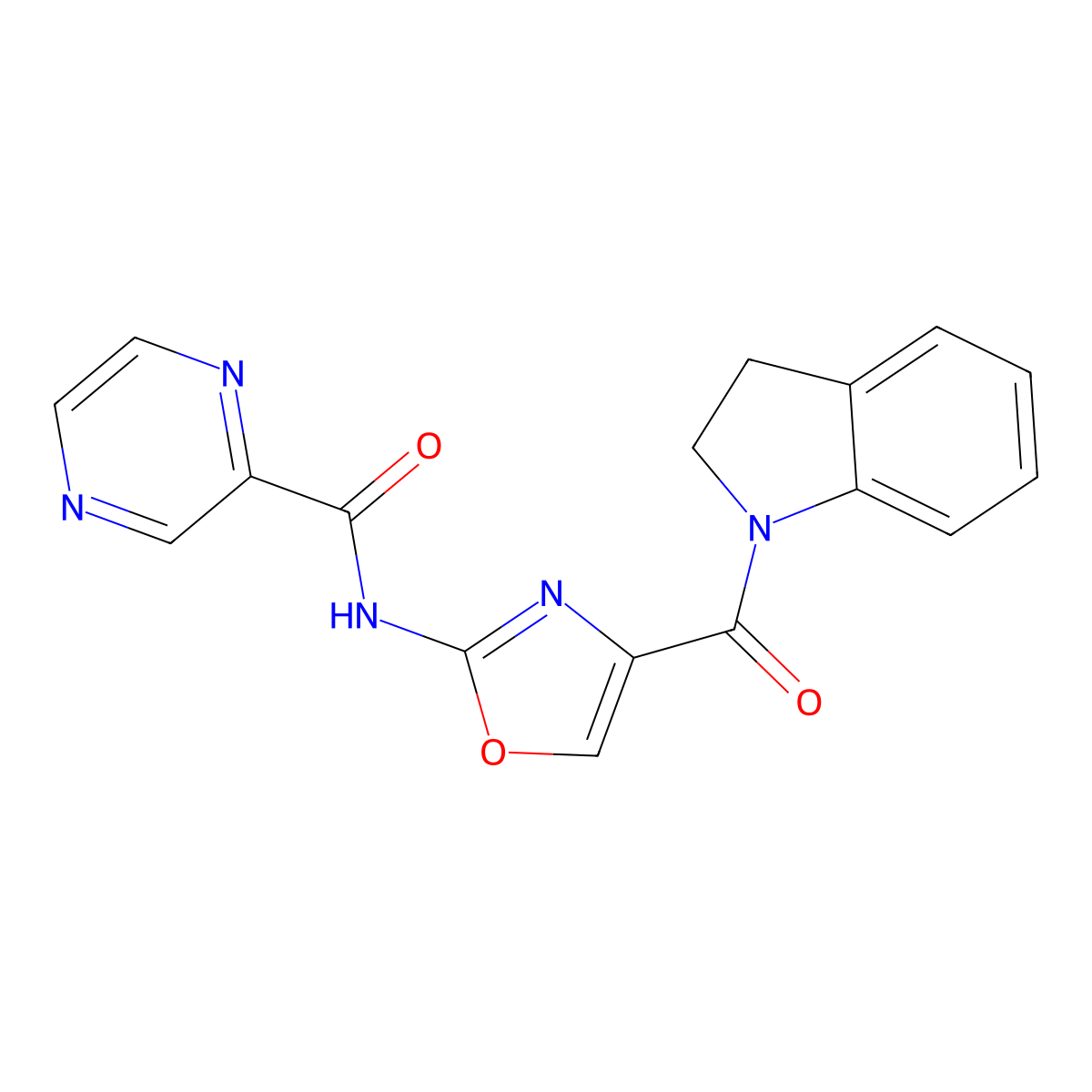 N-(4-(indoline-1-carbonyl)oxazol-2-yl)pyrazine-2-carboxamide molecular structure, CAS 1396844-70-4