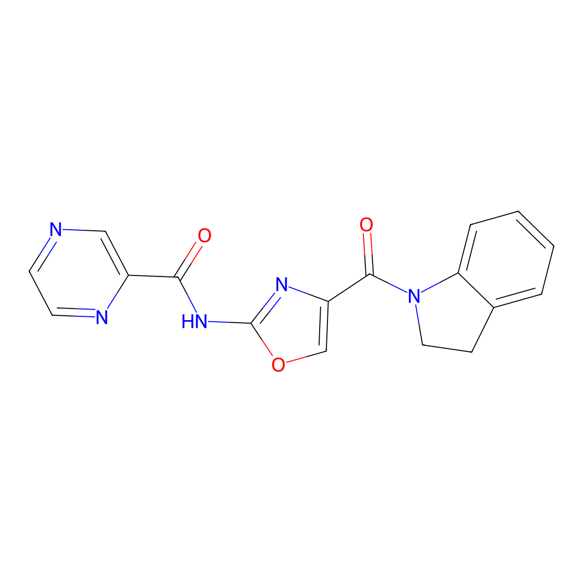 N-(4-(indoline-1-carbonyl)oxazol-2-yl)pyrazine-2-carboxamide molecular structure, CAS 1396844-70-4