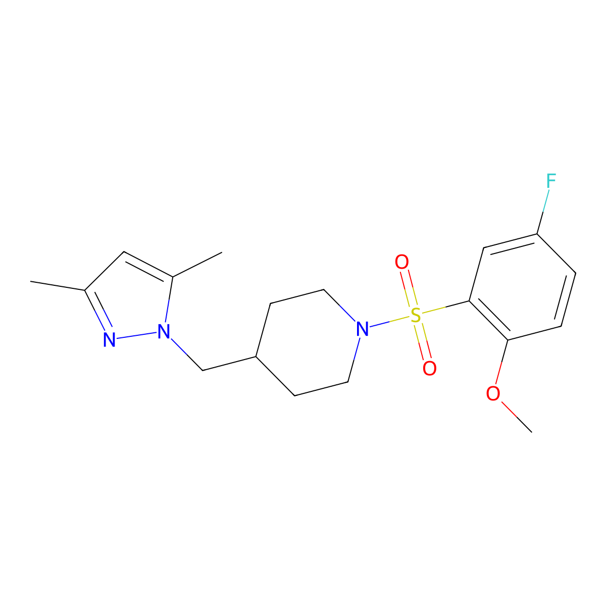 4-((3,5-dimethyl-1H-pyrazol-1-yl)methyl)-1-((5-fluoro-2-methoxyphenyl)sulfonyl)piperidine molecular structure, CAS 1396844-71-5