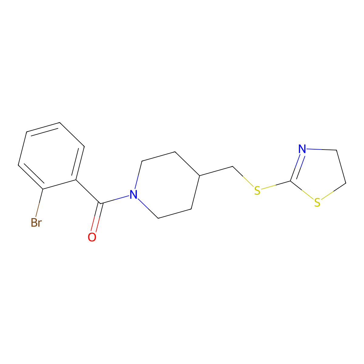 (2-Bromophenyl)(4-(((4,5-dihydrothiazol-2-yl)thio)methyl)piperidin-1-yl)methanone molecular structure, CAS 1396844-73-7