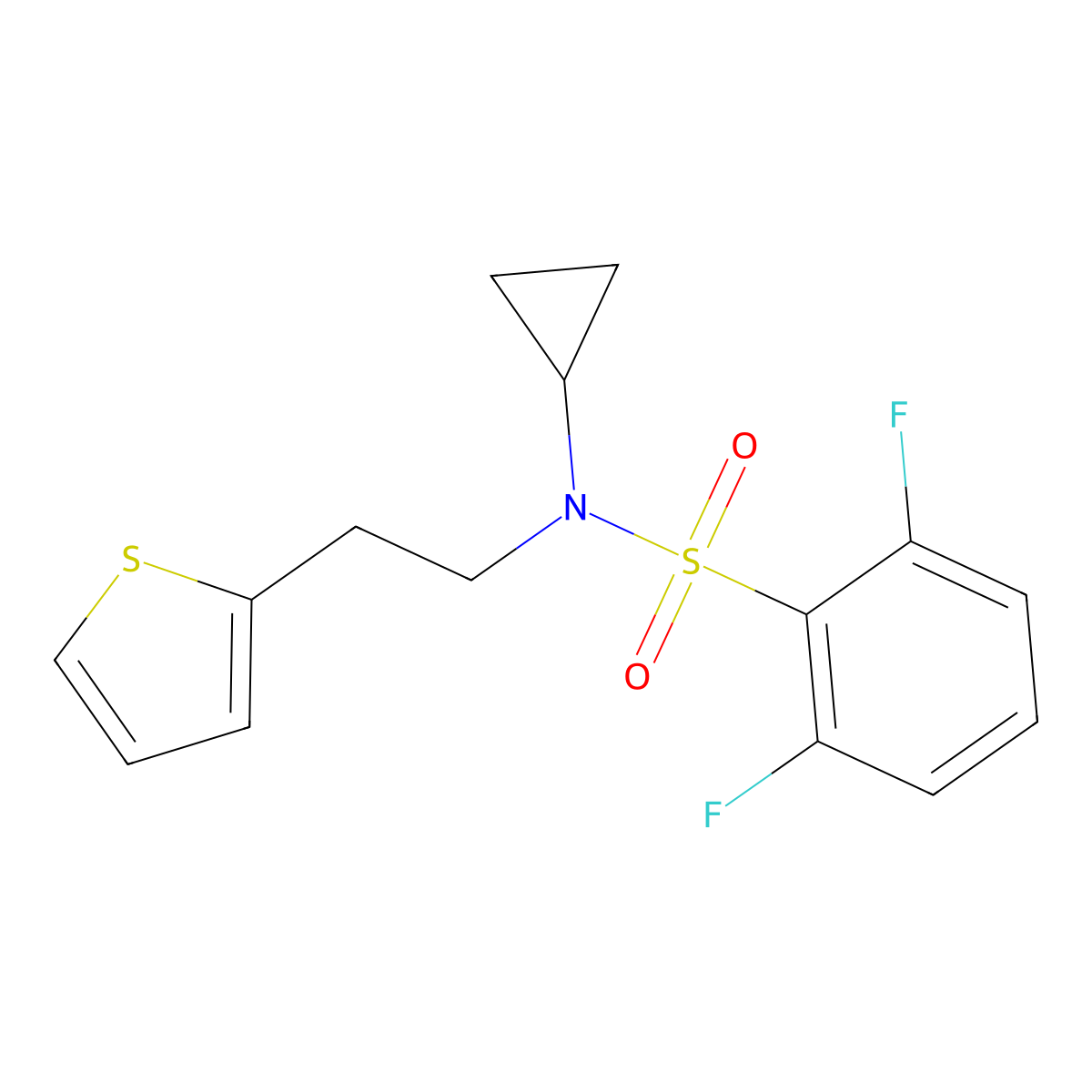 N-cyclopropyl-2,6-difluoro-N-(2-(thiophen-2-yl)ethyl)benzenesulfonamide molecular structure, CAS 1396844-76-0