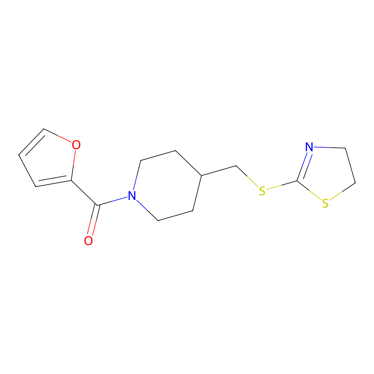 (4-(((4,5-Dihydrothiazol-2-yl)thio)methyl)piperidin-1-yl)(furan-2-yl)methanone molecular structure, CAS 1396844-79-3