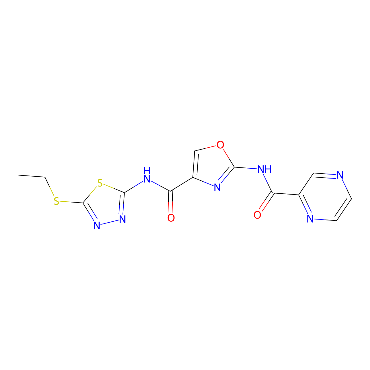 N-(5-(ethylthio)-1,3,4-thiadiazol-2-yl)-2-(pyrazine-2-carboxamido)oxazole-4-carboxamide molecular structure, CAS 1396844-86-2