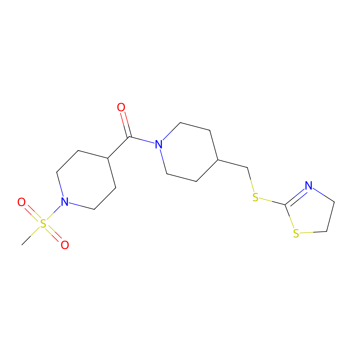 (4-(((4,5-Dihydrothiazol-2-yl)thio)methyl)piperidin-1-yl)(1-(methylsulfonyl)piperidin-4-yl)methanone molecular structure, CAS 1396844-88-4