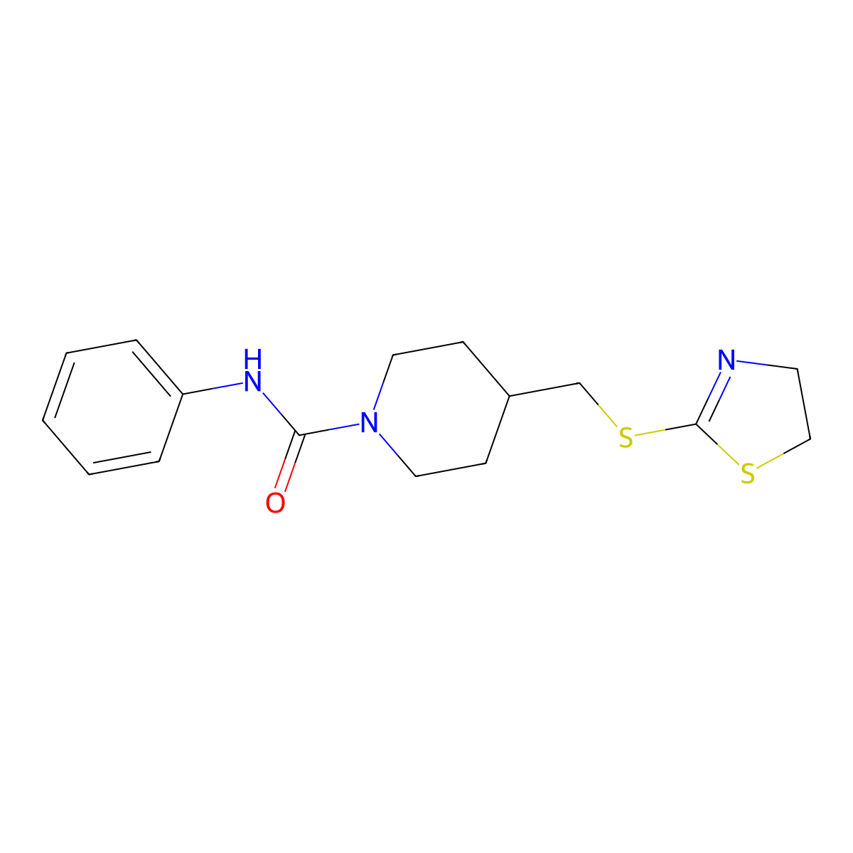 4-(((4,5-dihydrothiazol-2-yl)thio)methyl)-N-phenylpiperidine-1-carboxamide molecular structure, CAS 1396845-06-9