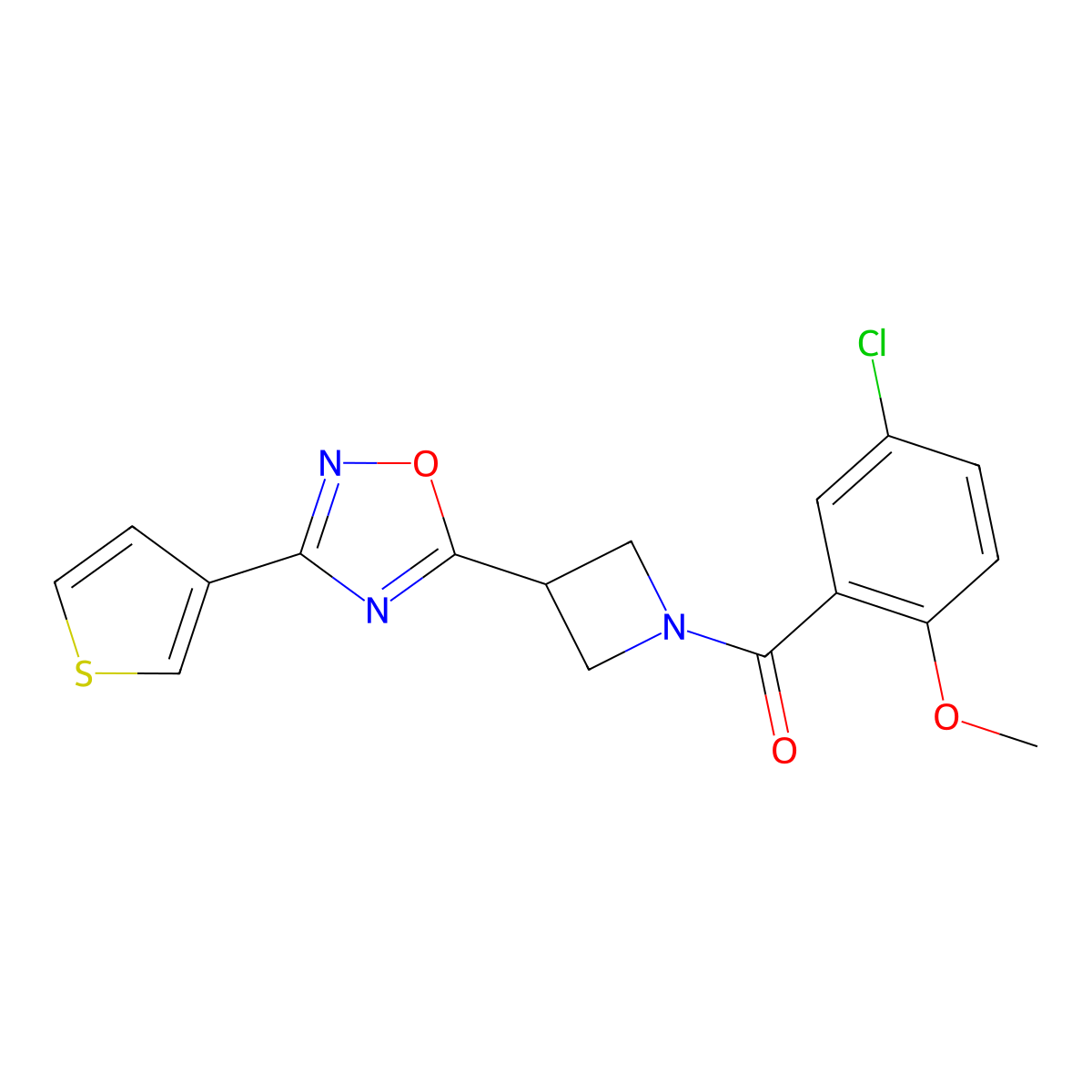 (5-Chloro-2-methoxyphenyl)(3-(3-(thiophen-3-yl)-1,2,4-oxadiazol-5-yl)azetidin-1-yl)methanone molecular structure, CAS 1396845-07-0