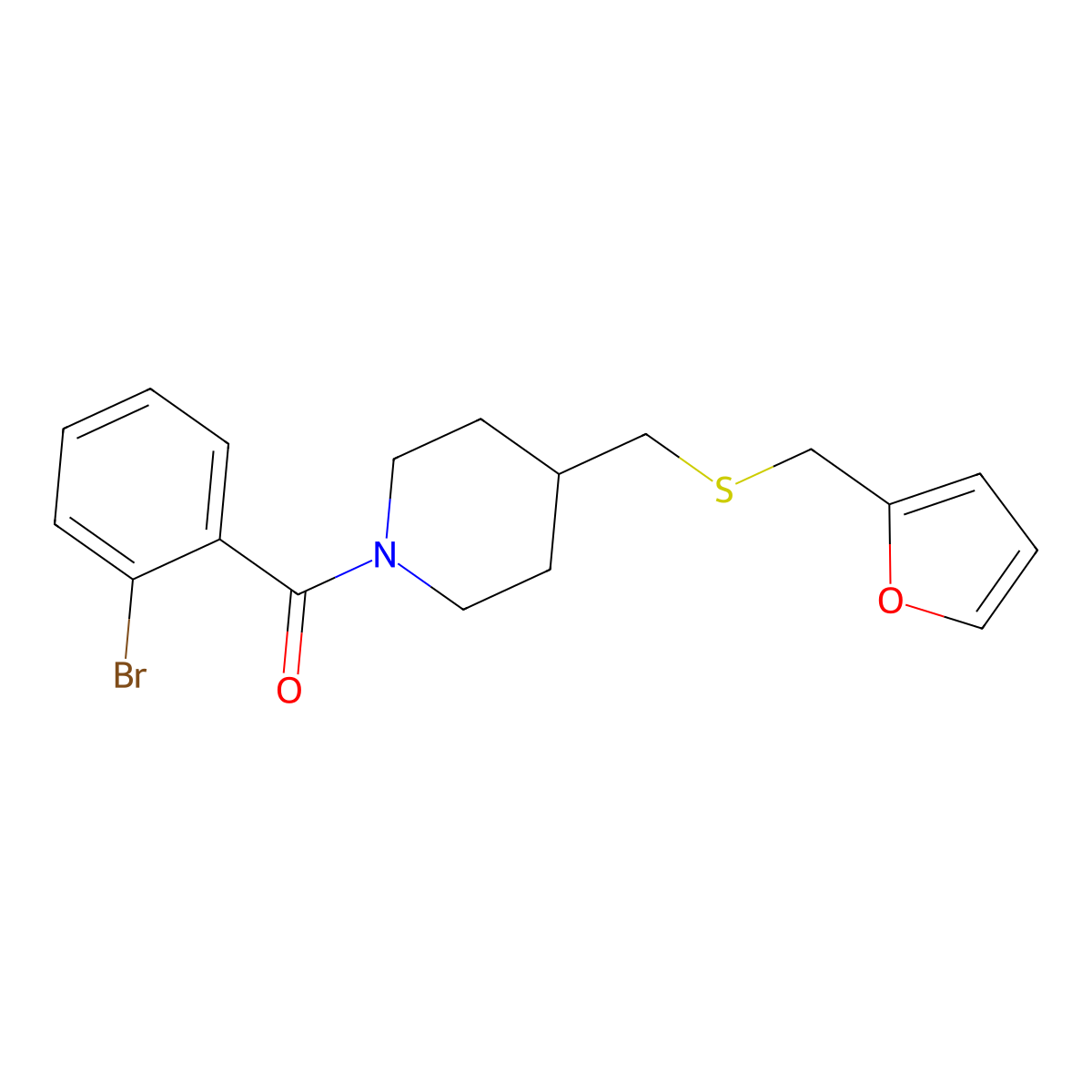 (2-Bromophenyl)(4-(((furan-2-ylmethyl)thio)methyl)piperidin-1-yl)methanone molecular structure, CAS 1396845-13-8