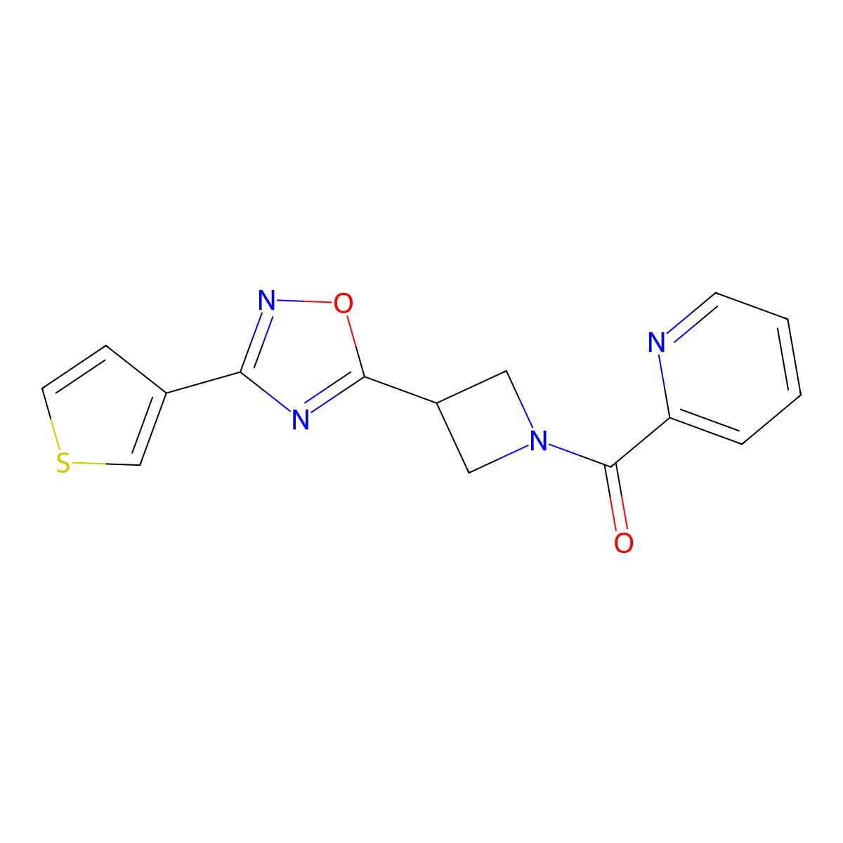 Pyridin-2-yl(3-(3-(thiophen-3-yl)-1,2,4-oxadiazol-5-yl)azetidin-1-yl)methanone molecular structure, CAS 1396845-17-2