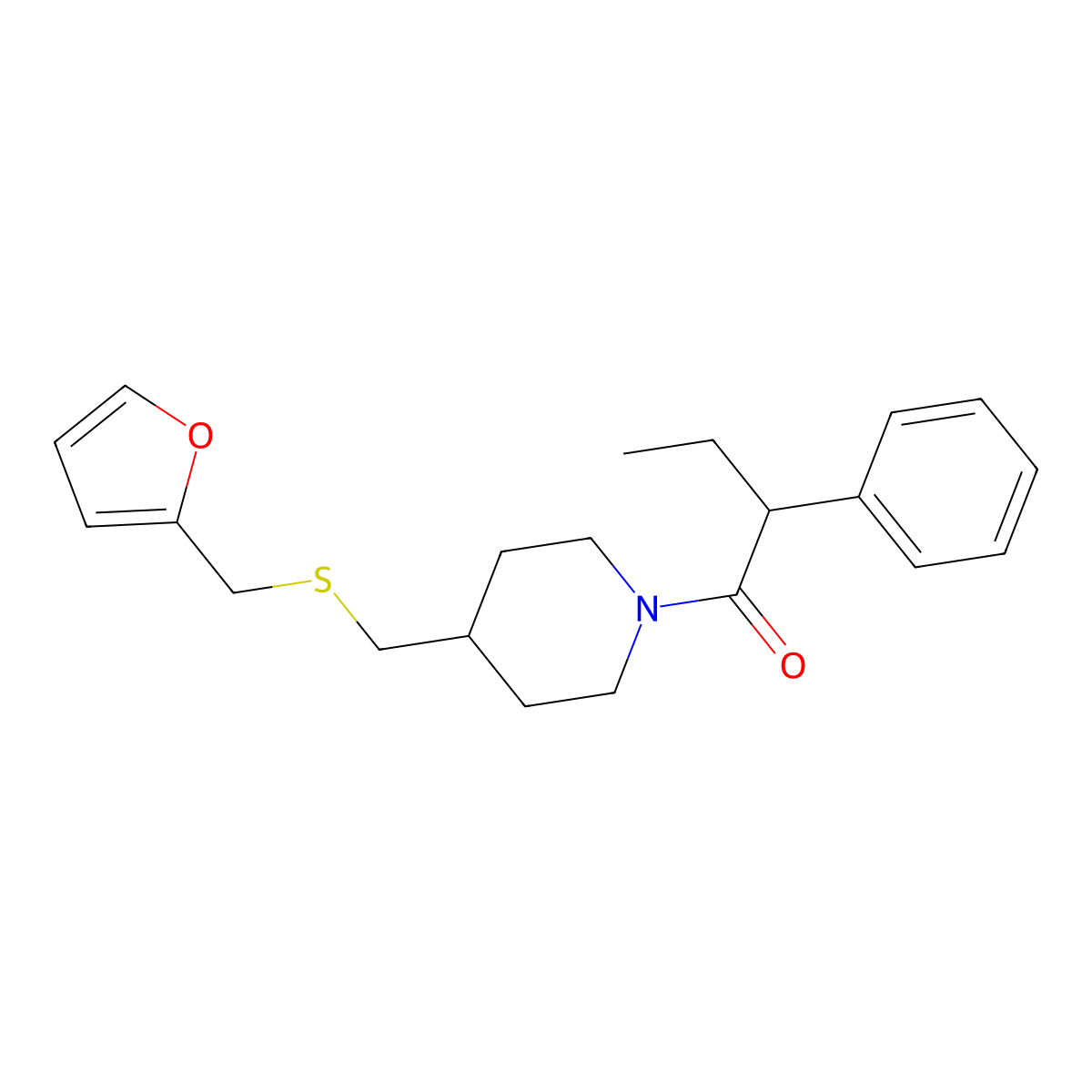 1-(4-(((Furan-2-ylmethyl)thio)methyl)piperidin-1-yl)-2-phenylbutan-1-one molecular structure, CAS 1396845-20-7