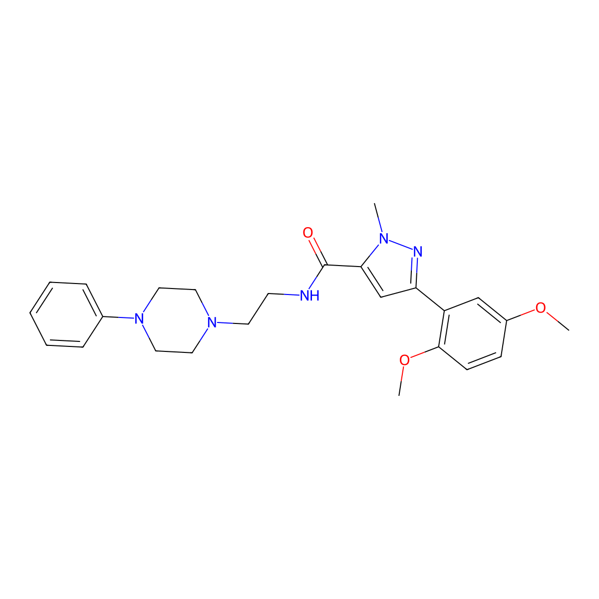 3-(2,5-dimethoxyphenyl)-1-methyl-N-(2-(4-phenylpiperazin-1-yl)ethyl)-1H-pyrazole-5-carboxamide molecular structure, CAS 1396845-21-8