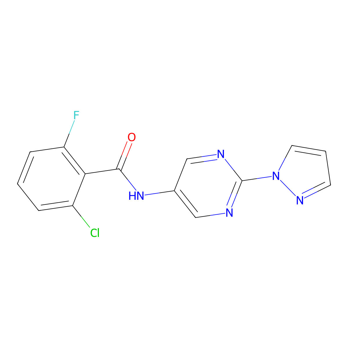 N-(2-(1H-pyrazol-1-yl)pyrimidin-5-yl)-2-chloro-6-fluorobenzamide molecular structure, CAS 1396845-29-6