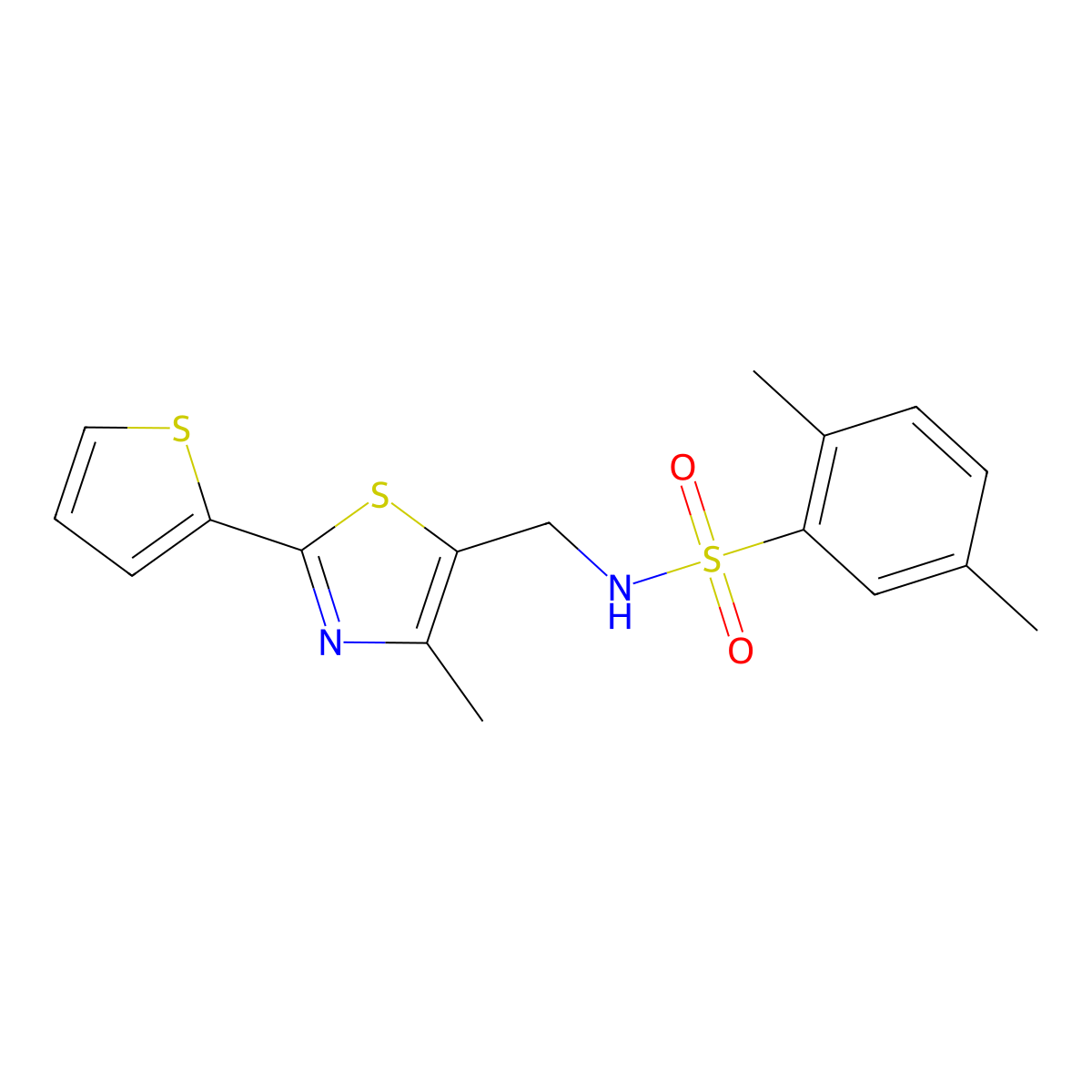 2,5-dimethyl-N-((4-methyl-2-(thiophen-2-yl)thiazol-5-yl)methyl)benzenesulfonamide molecular structure, CAS 1396845-61-6