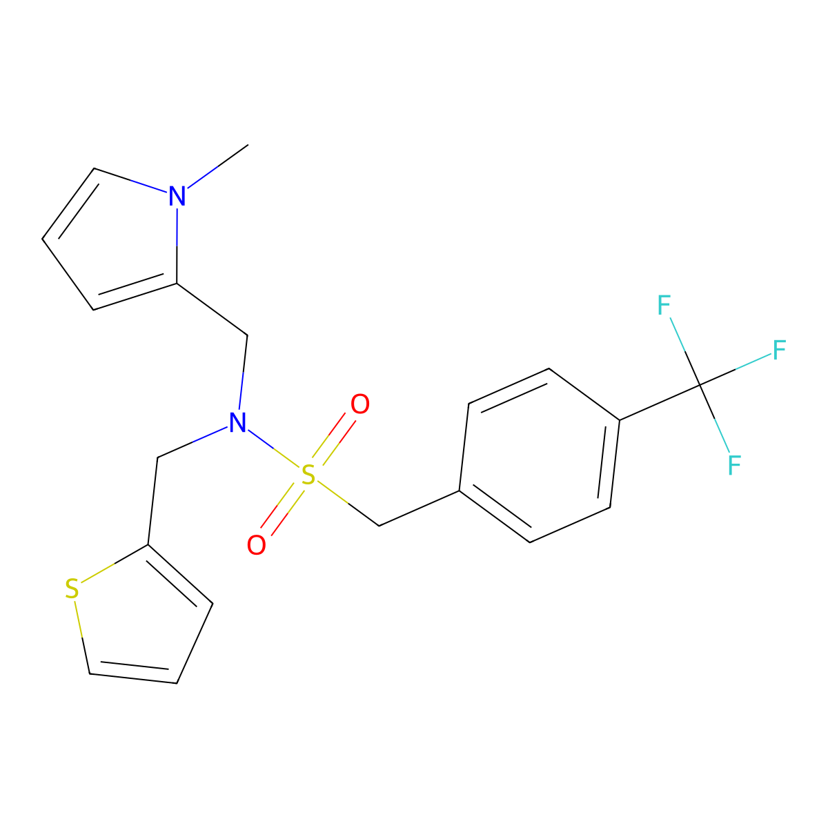 N-((1-methyl-1H-pyrrol-2-yl)methyl)-N-(thiophen-2-ylmethyl)-1-(4-(trifluoromethyl)phenyl)methanesulfonamide molecular structure, CAS 1396845-64-9