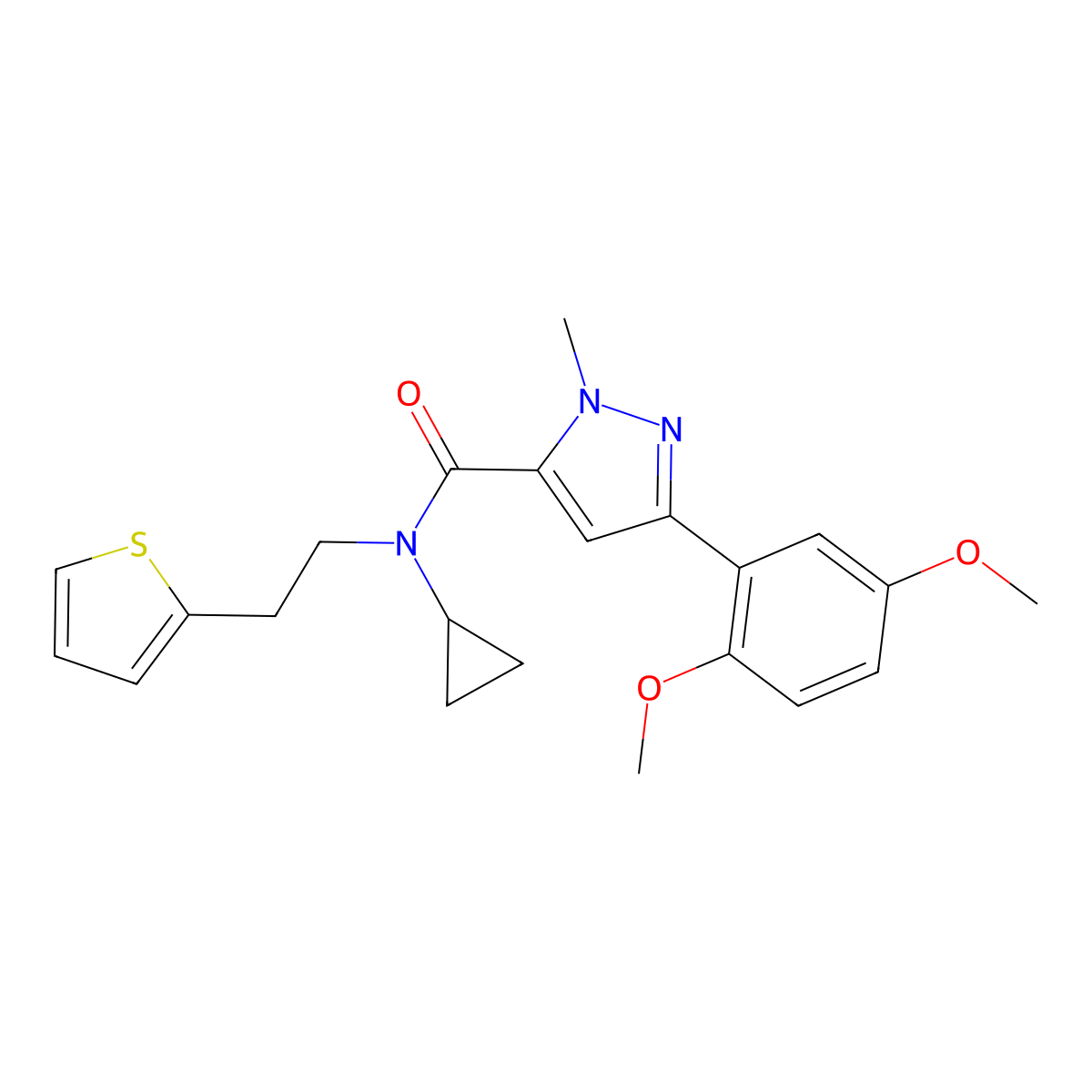N-cyclopropyl-3-(2,5-dimethoxyphenyl)-1-methyl-N-(2-(thiophen-2-yl)ethyl)-1H-pyrazole-5-carboxamide molecular structure, CAS 1396845-71-8