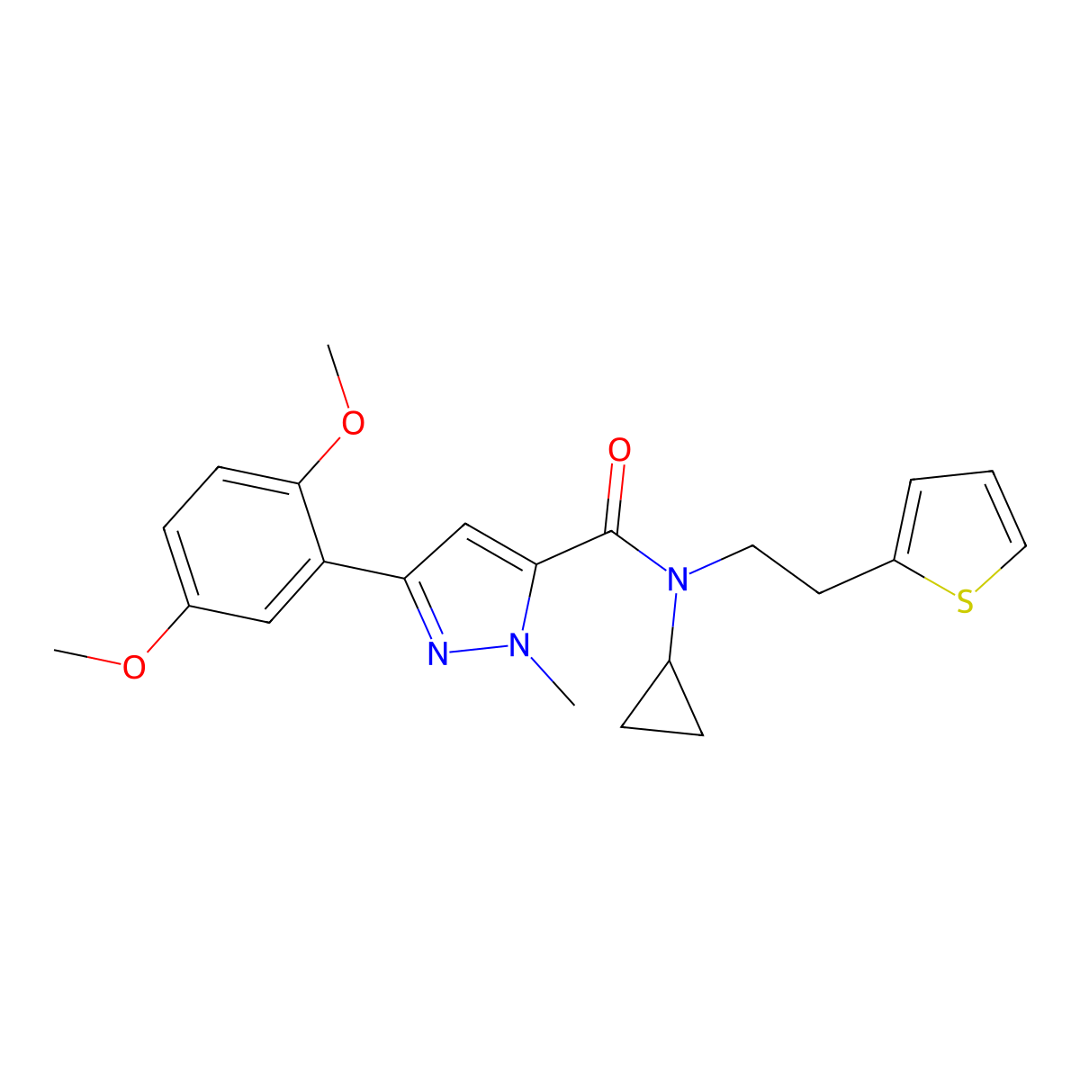 N-cyclopropyl-3-(2,5-dimethoxyphenyl)-1-methyl-N-(2-(thiophen-2-yl)ethyl)-1H-pyrazole-5-carboxamide molecular structure, CAS 1396845-71-8