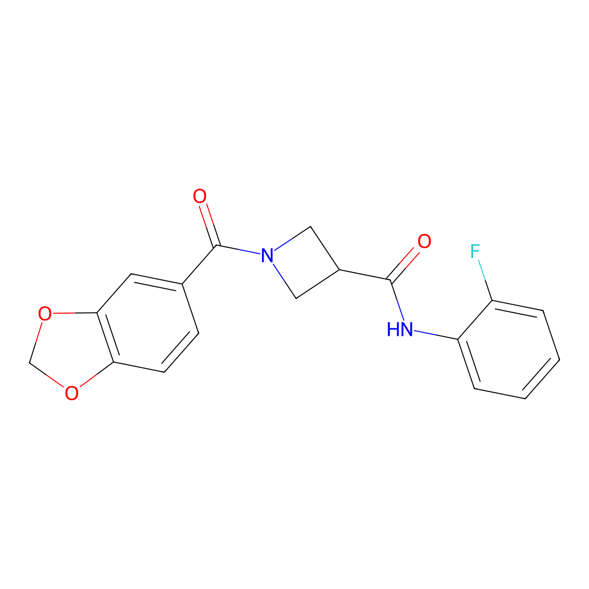 1-(benzo[d][1,3]dioxole-5-carbonyl)-N-(2-fluorophenyl)azetidine-3-carboxamide molecular structure, CAS 1396845-76-3