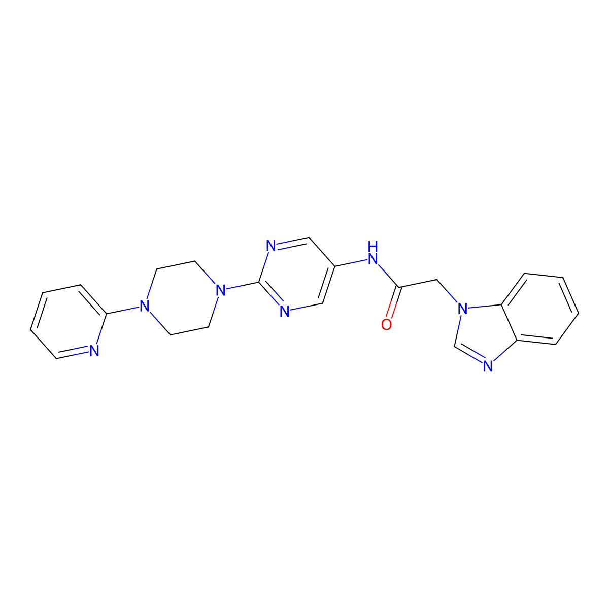 2-(1H-benzo[d]imidazol-1-yl)-N-(2-(4-(pyridin-2-yl)piperazin-1-yl)pyrimidin-5-yl)acetamide molecular structure, CAS 1396845-89-8