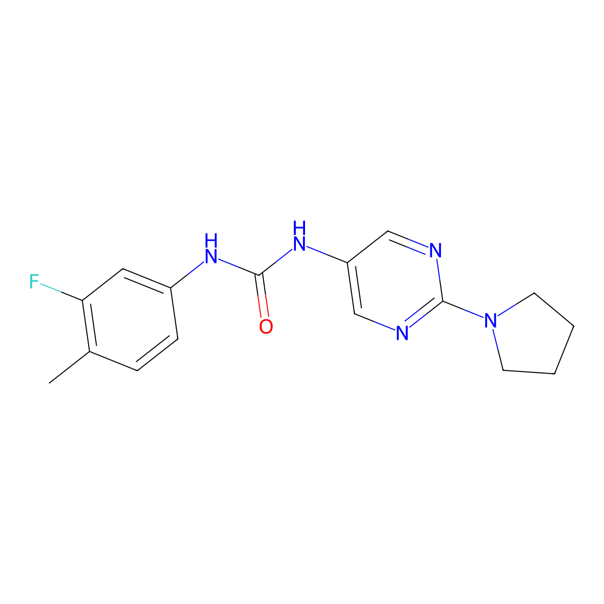 1-(3-Fluoro-4-methylphenyl)-3-(2-(pyrrolidin-1-yl)pyrimidin-5-yl)urea molecular structure, CAS 1396846-04-0