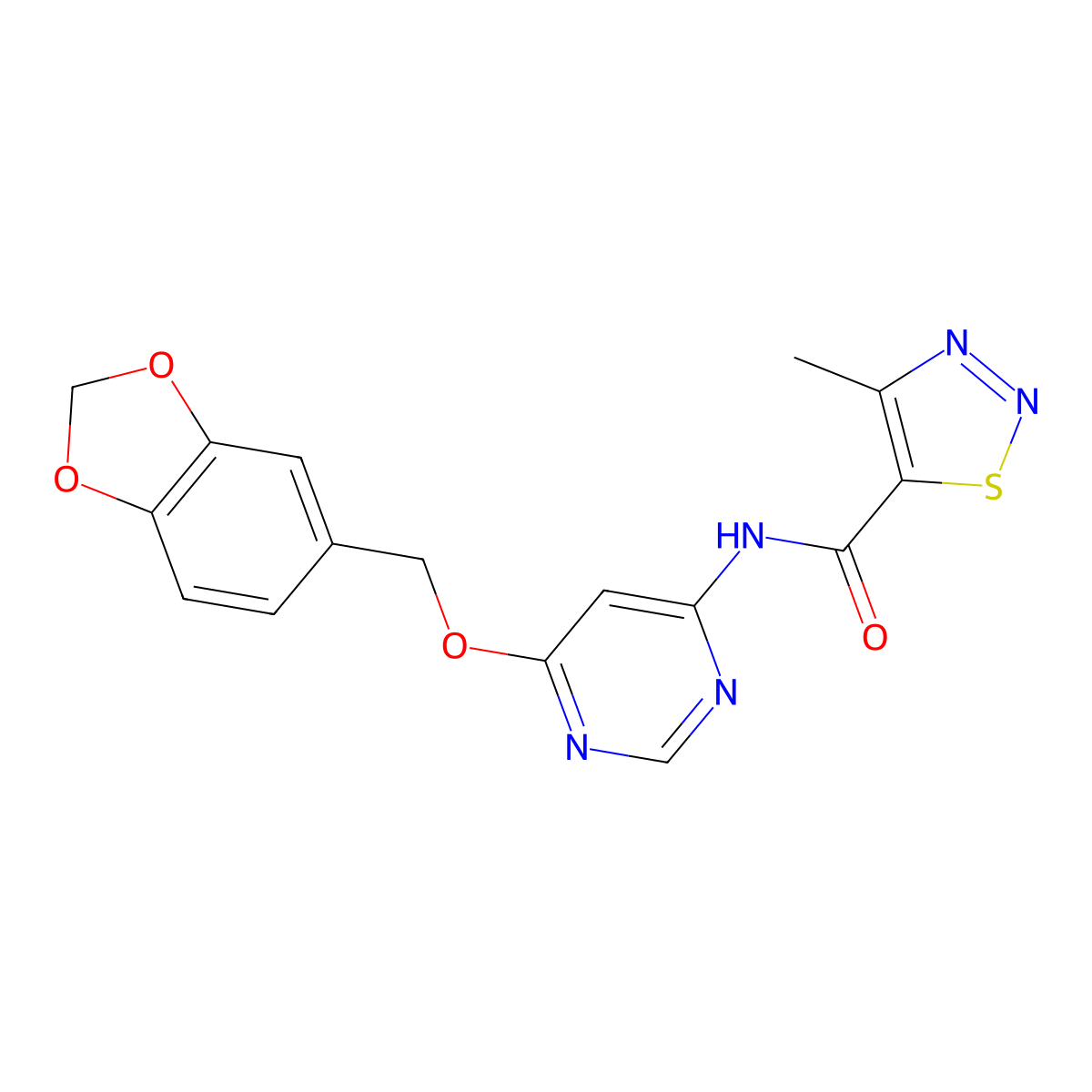 N-(6-(benzo[d][1,3]dioxol-5-ylmethoxy)pyrimidin-4-yl)-4-methyl-1,2,3-thiadiazole-5-carboxamide molecular structure, CAS 1396846-05-1